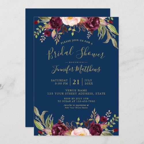 Burgundy Floral Navy Blue Rustic Bridal Shower Invitation