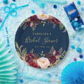 Burgundy Floral Navy Blue Rustic Bridal Shower Paper Plates (Party)