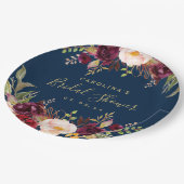 Burgundy Floral Navy Blue Rustic Bridal Shower Paper Plates (Angled)