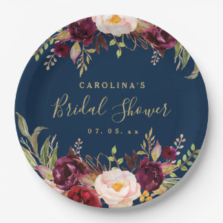 Burgundy Floral Navy Blue Rustic Bridal Shower Paper Plates