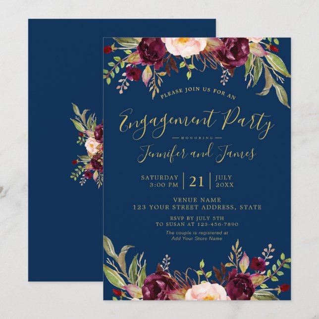 Burgundy Floral Navy Blue Rustic Engagement Party Invitation (Front/Back)