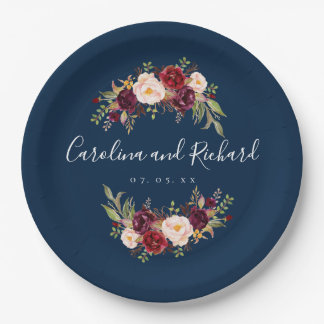 Burgundy Floral Navy Blue Rustic Engagement Party Paper Plates