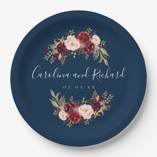 Burgundy Floral Navy Blue Rustic Engagement Party Paper Plates (Front)