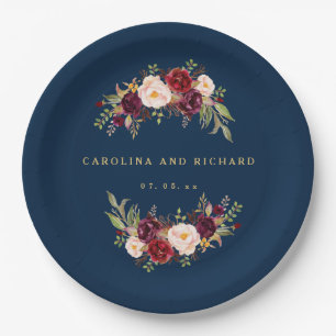 Burgundy Floral Navy Blue Rustic Wedding Shower Paper Plates