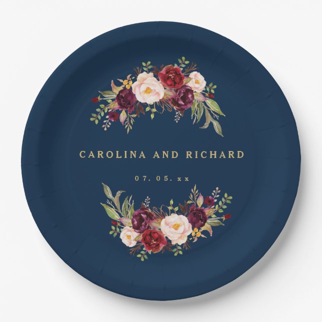 Burgundy Floral Navy Blue Rustic Wedding Shower Paper Plates (Front)