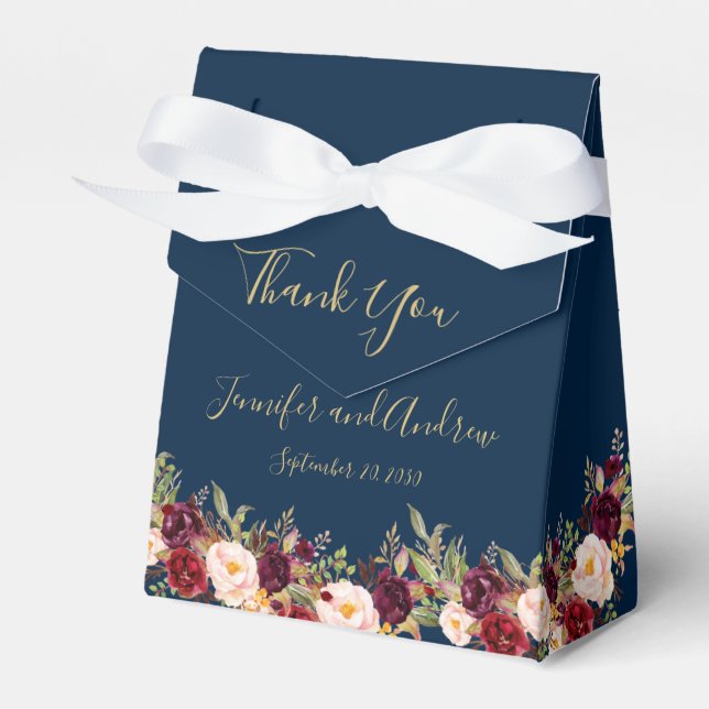 Burgundy Floral Navy Blue Script Rustic Wedding Favor Boxes (Front Side)