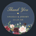 Burgundy Floral Navy Blue Thank You Wedding Favor Classic Round Sticker<br><div class="desc">Customize this "Burgundy Floral Navy Blue Thank You Wedding Favor Sticker" to add a special touch. It's easy to personalize to match your colors and styles. (1) For further customization, please click the "customize further" link and use our design tool to modify this template. The background color is changeable. (2)...</div>