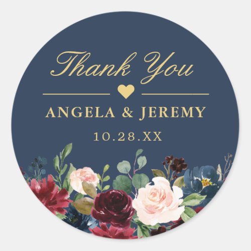 Burgundy Floral Navy Blue Thank You Wedding Favor Classic Round Sticker - Customize this "Burgundy Floral Navy Blue Thank You Wedding Favor Sticker" to add a special touch. It's easy to personalize to match your colors and styles.
(1) For further customization, please click the "customize further" link and use our design tool to modify this template. The background color is changeable. 
(2) If you need help or matching items, please contact me.