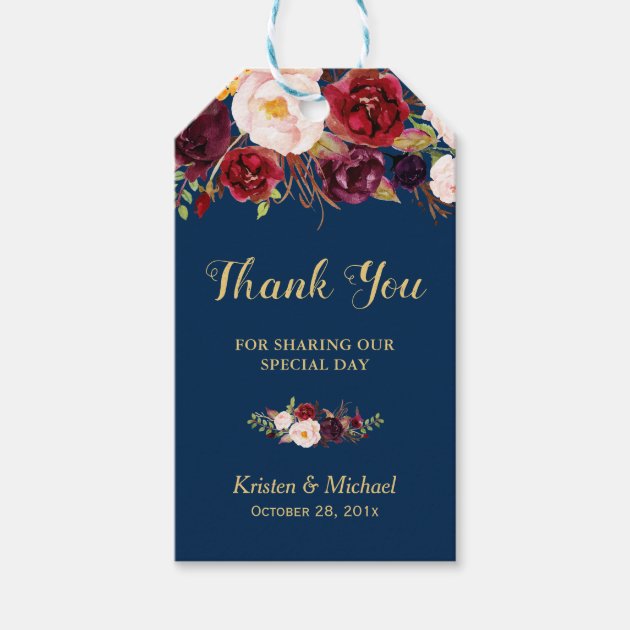 Burgundy Floral Navy Blue Wedding Favor Thank You Gift Tags