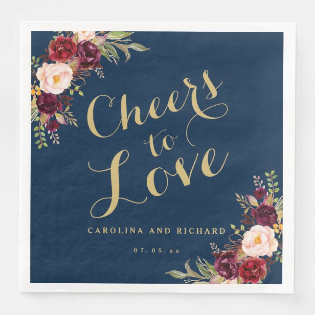 Burgundy Floral Navy Blue Wedding Gold Cheers Paper Dinner Napkins (Front)