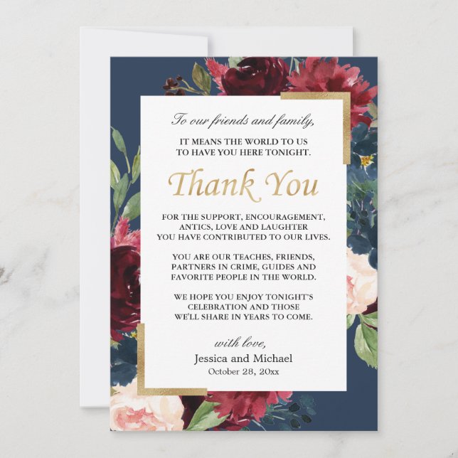 Burgundy Floral Navy Blue Wedding Place Setting Thank You Card (Front)