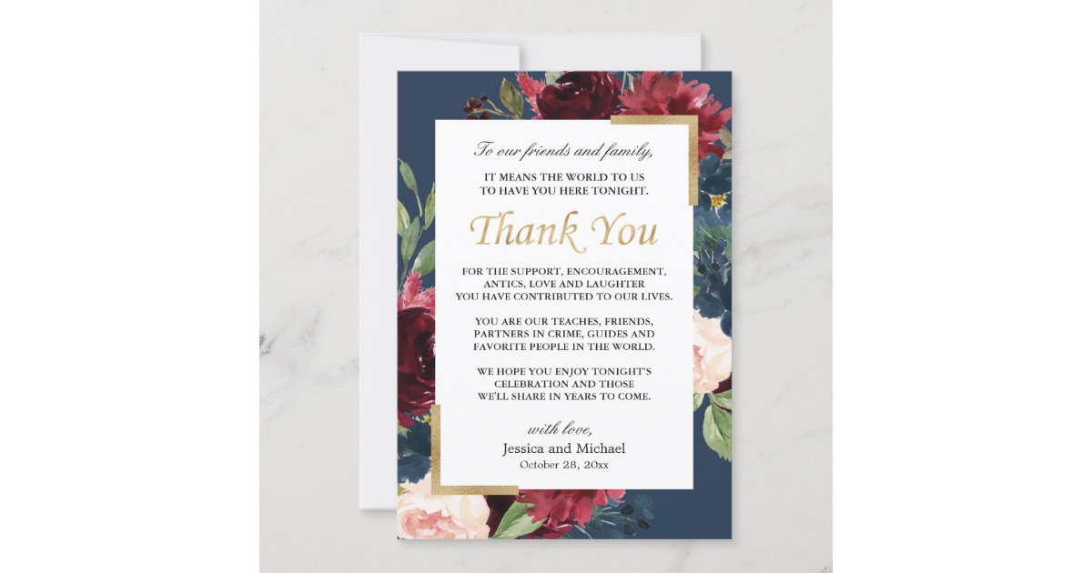 Burgundy Floral Navy Blue Wedding Place Setting Thank You Card | Zazzle