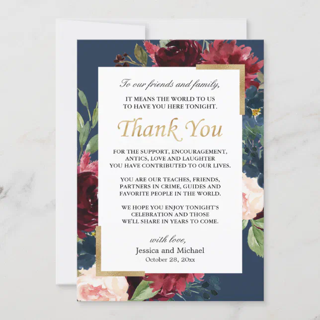 Burgundy Floral Navy Blue Wedding Place Setting Thank You Card | Zazzle