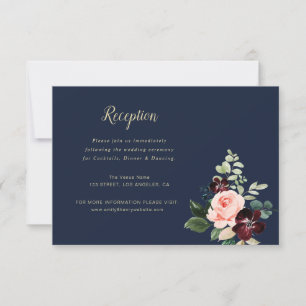 burgundy floral navy blue wedding reception card