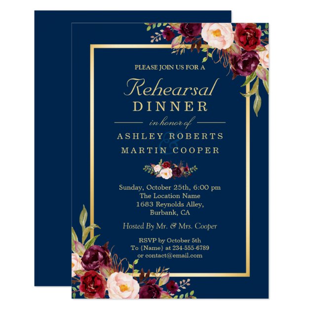 Burgundy Floral Navy Blue Wedding Rehearsal Dinner Invitation