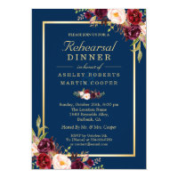 Burgundy Floral Navy Blue Wedding Rehearsal Dinner Card