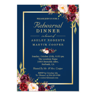 Burgundy Floral Navy Blue Wedding Rehearsal Dinner Card
