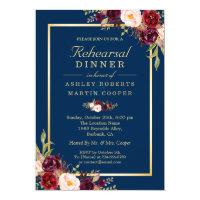 Burgundy Floral Navy Blue Wedding Rehearsal Dinner Invitation