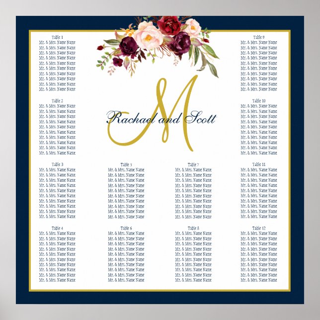 Burgundy Floral Navy Blue Wedding Seating Chart (Front)