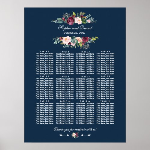 Burgundy Floral Navy Blue Wedding Seating Chart