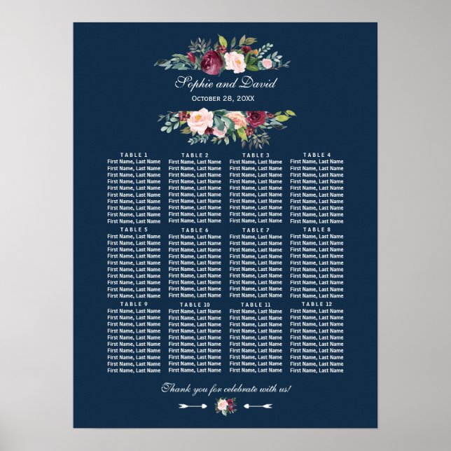 Burgundy Floral Navy Blue Wedding Seating Chart (Front)