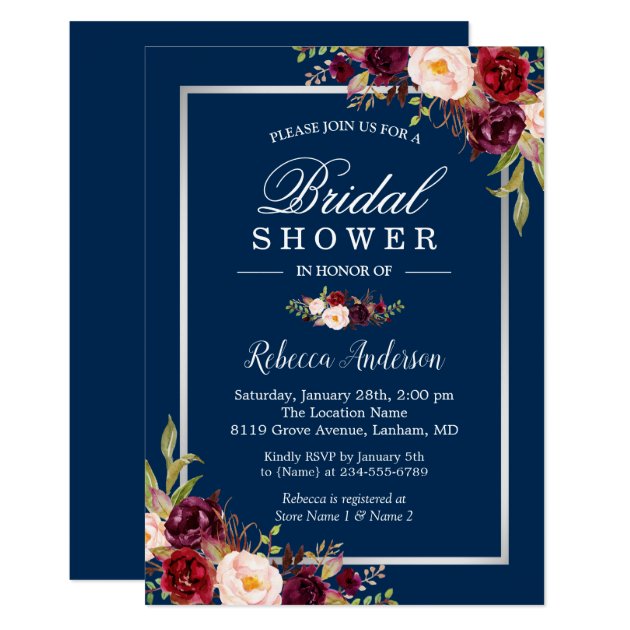 Burgundy Floral Navy Blue Winter Bridal Shower Invitation