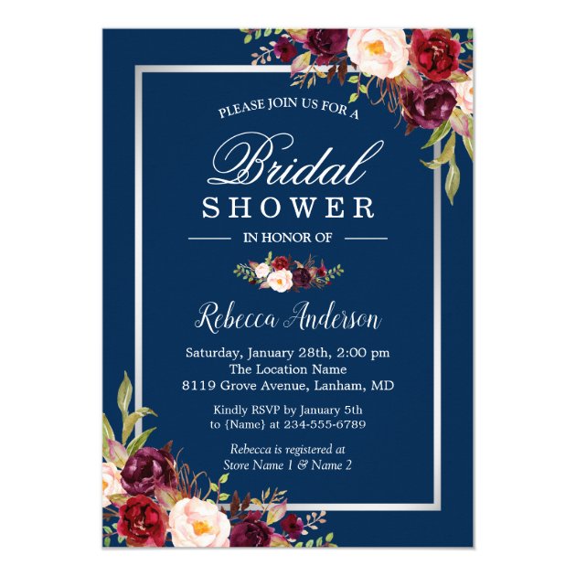 Burgundy Floral Navy Blue Winter Bridal Shower Invitation