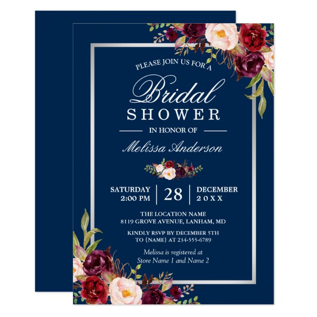 Burgundy Floral Navy Blue Winter Bridal Shower Invitation