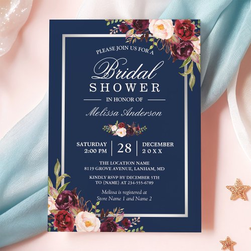 Burgundy Floral Navy Blue Winter Bridal Shower Invitation