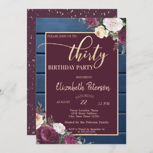 Burgundy Floral Navy Blue Wood 30th Birthday  Invitation