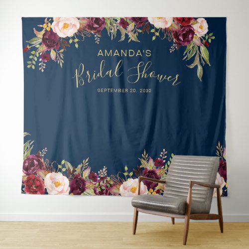 Burgundy Floral Navy Bridal Shower Photo Booth Tapestry