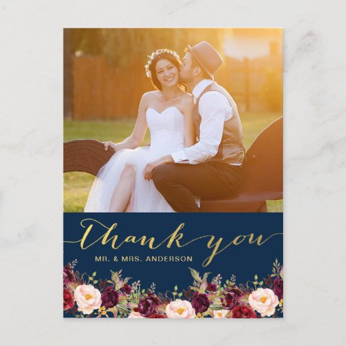 Burgundy Floral Navy Gold Photo Wedding Thank You Postcard