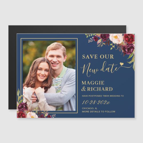 Burgundy Floral Navy Gold Save The New Date Magnet - Burgundy Floral Navy Gold Photo Save Our New Date Magnetic Card