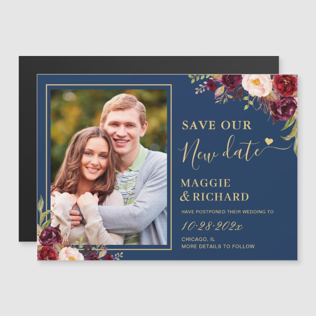 Burgundy Floral Navy Gold Save The New Date Magnet (Front/Back)