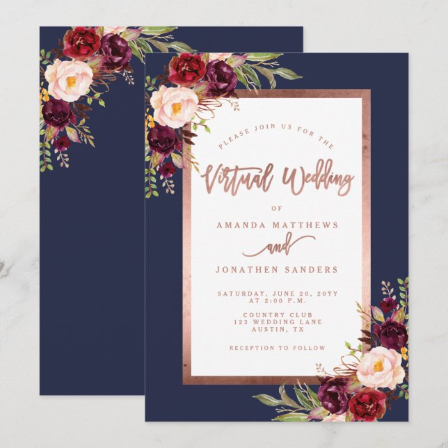 Burgundy Floral Navy Rose Gold Virtual Wedding Invitation (Front/Back)