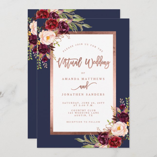 Burgundy Floral Navy Rose Gold Virtual Wedding Invitation (Front/Back)
