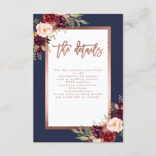 Burgundy Floral Navy Rose Gold Wedding Details Enclosure Card