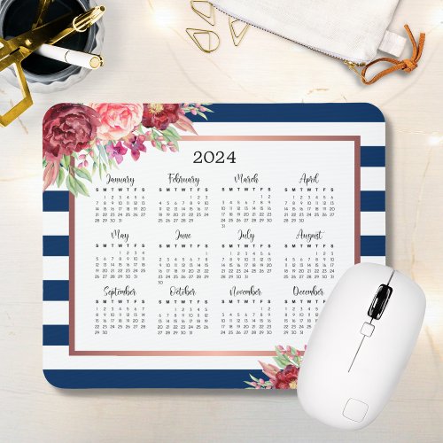 Burgundy Floral Navy Stripes 2024 Calendar Mouse Pad