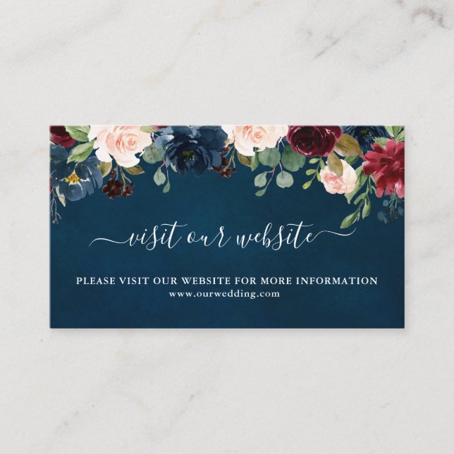 Burgundy Floral Navy Wedding Website Enclosure Card (Front)