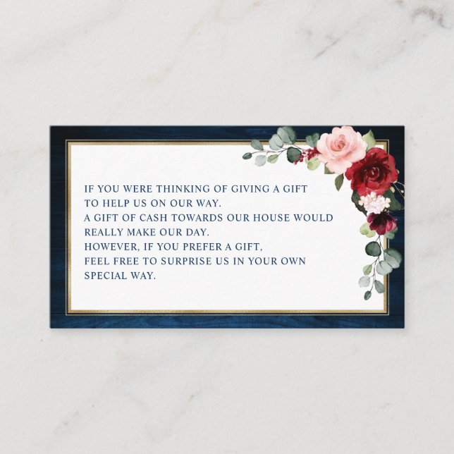 Burgundy Floral Navy Wedding Wishing well Enclosur Enclosure Card (Front)