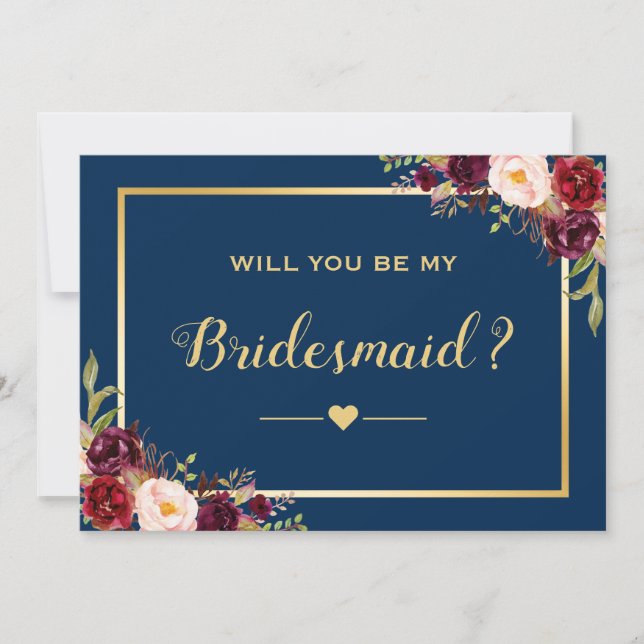 Burgundy Floral Navy Will You Be My Bridesmaid Invitation (Front)