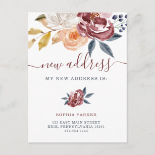 Burgundy Floral   New Address Moving Announcement Postcard