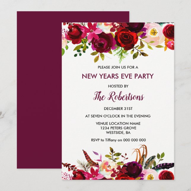 Burgundy Floral New Years Eve Party Invite (Front/Back)
