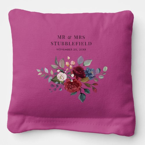 Burgundy Floral Newlyweds Monogram Wedding Game Cornhole Bags