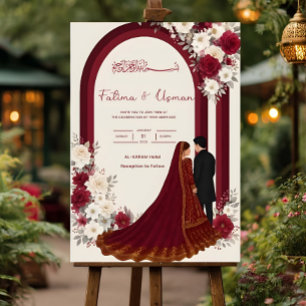 Burgundy Floral Nikkah Welcome Sign: Bride & Groom Foam Board
