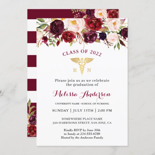 Burgundy Floral Nursing School Graduation Party Invitation - Burgundy Floral Nursing School Graduation Party Invitation. 
(1) For further customization, please click the "customize further" link and use our design tool to modify this template. 
(2) If you prefer Thicker papers / Matte Finish, you may consider to choose the Matte Paper Type. 
(3) If you need help or matching items, please contact me.