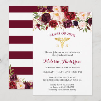 Burgundy Floral Nursing School Graduation Party Invitation