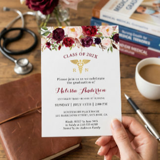 Burgundy Floral Nursing School Graduation Party Invitation
