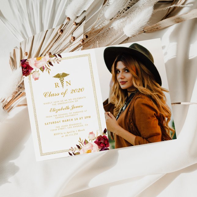 Burgundy floral nursing school photo graduation invitation (Creator Uploaded)