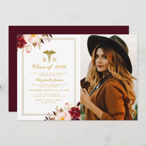 Burgundy floral nursing school photo graduation invitation